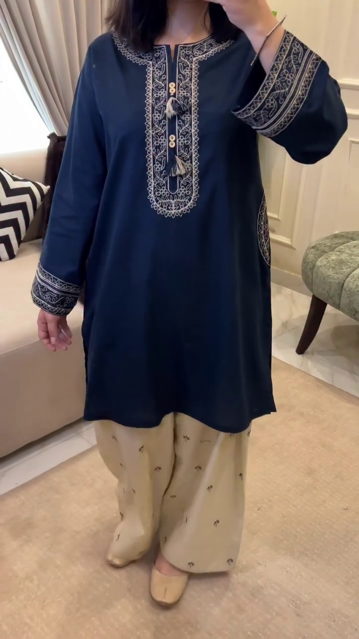 Elegant Navy Blue Embroidered Kurta Set