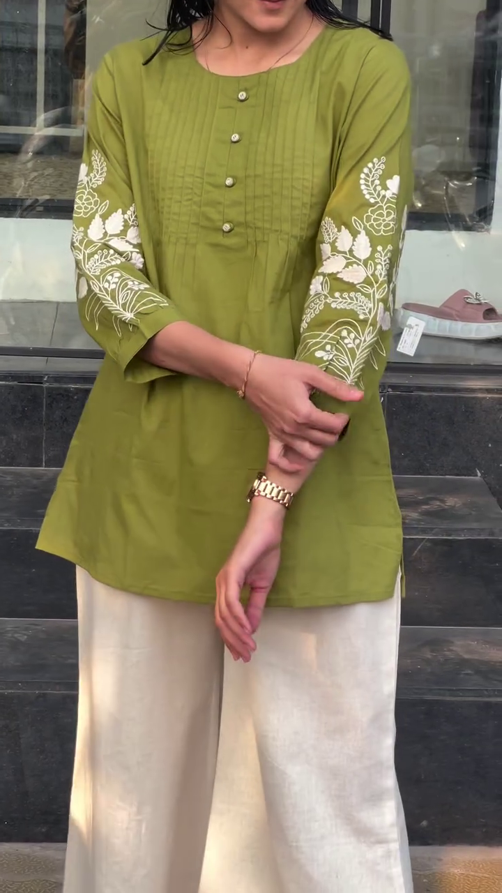 Elegant Teal Embroidered Kurti with Ivory Wide-Leg Trousers