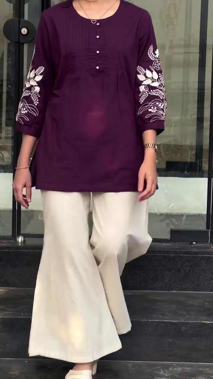 Elegant Teal Embroidered Kurti with Ivory Wide-Leg Trousers