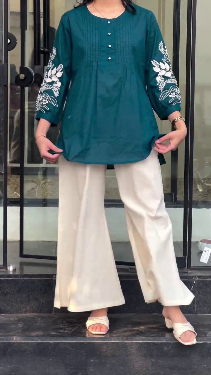 Elegant Teal Embroidered Kurti with Ivory Wide-Leg Trousers