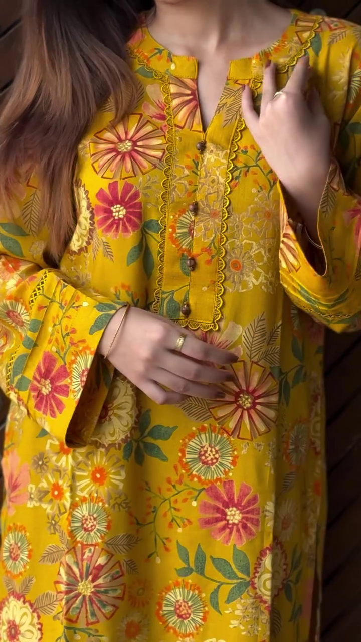 Radiant Mustard Floral Kurta with Elegant Lace Detailing and Statement Sleeves