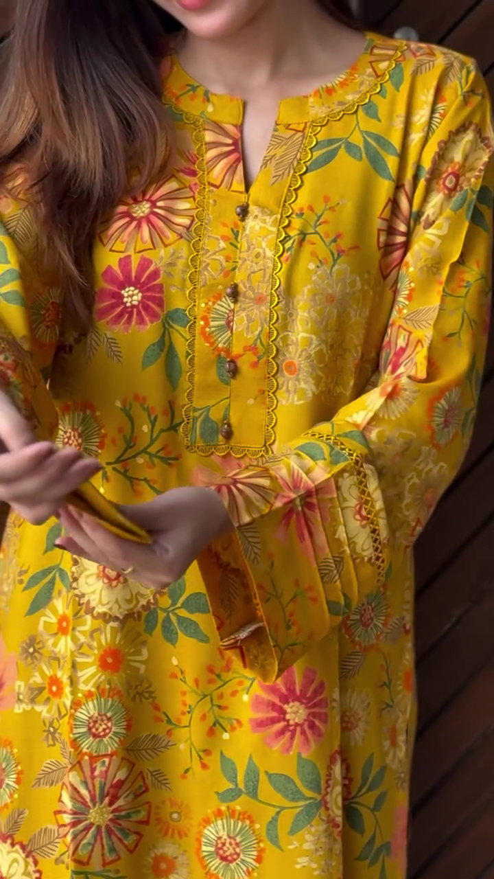 Radiant Mustard Floral Kurta with Elegant Lace Detailing and Statement Sleeves
