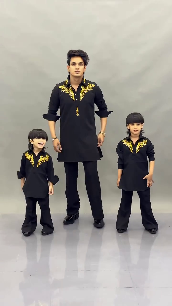Matching Black & Gold Embroidered Kurta Set for Father and Son