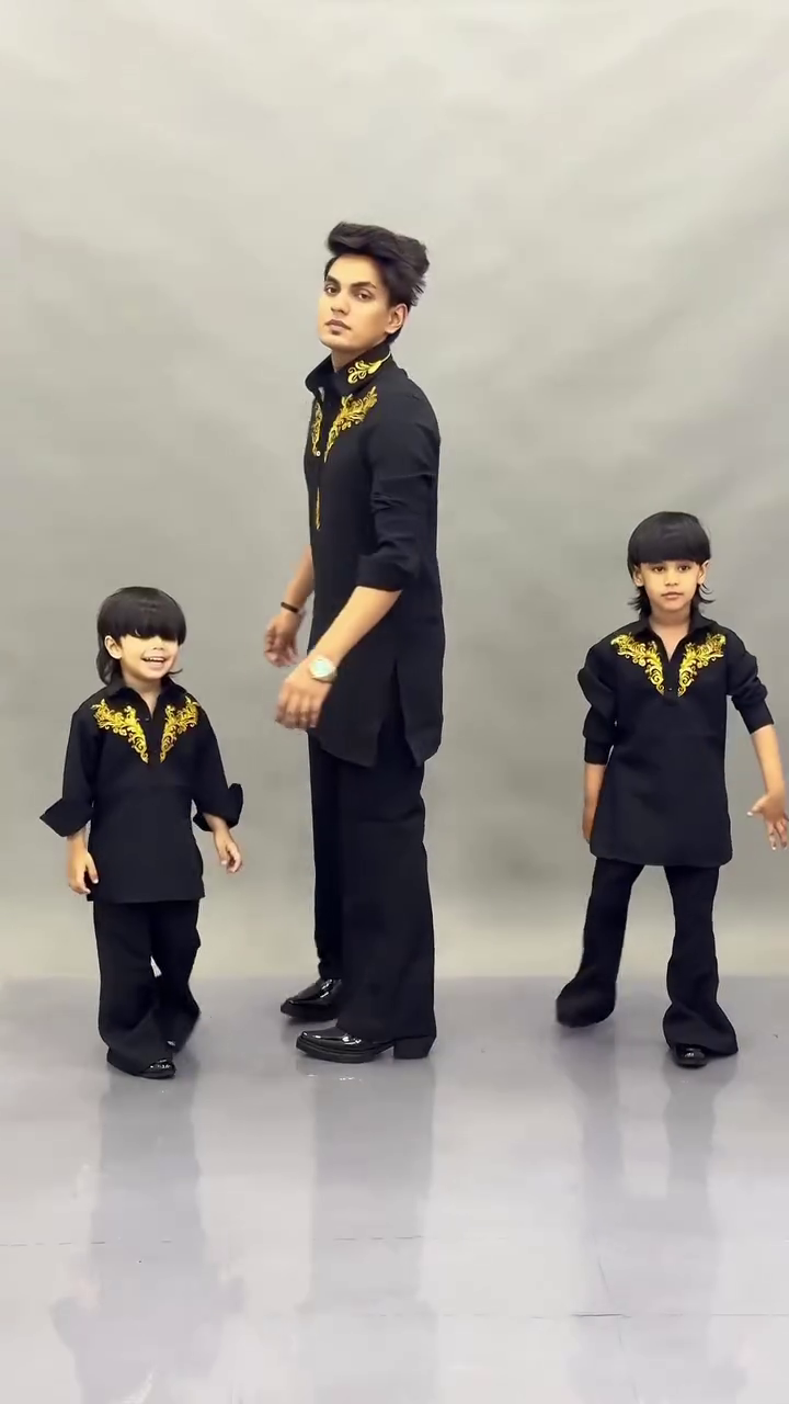 Matching Black & Gold Embroidered Kurta Set for Father and Son
