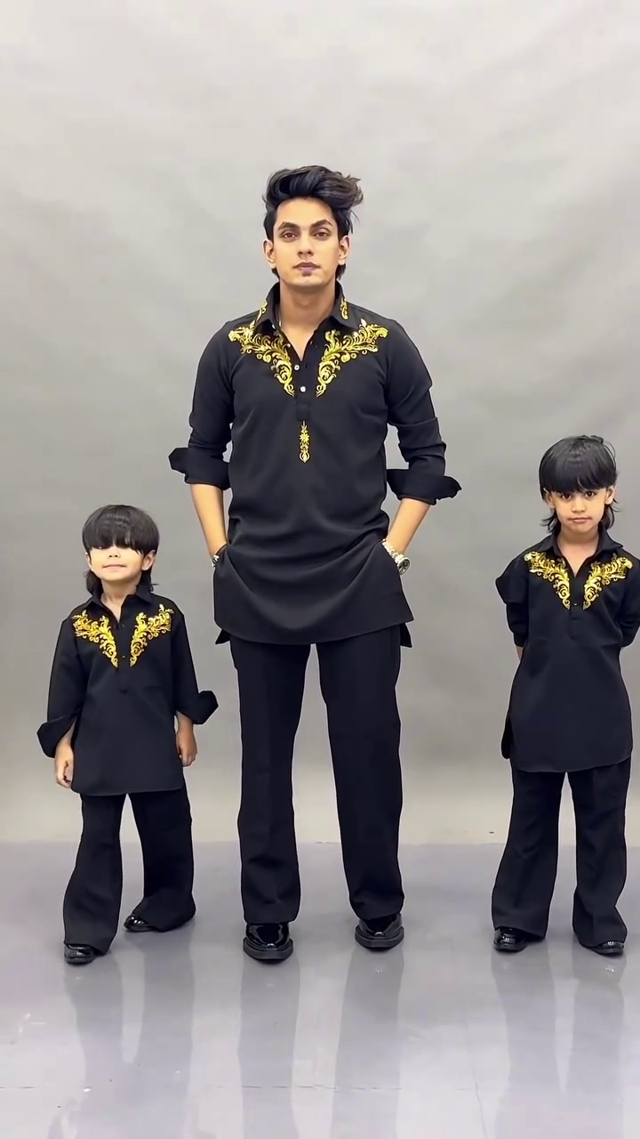 Matching Black & Gold Embroidered Kurta Set for Father and Son
