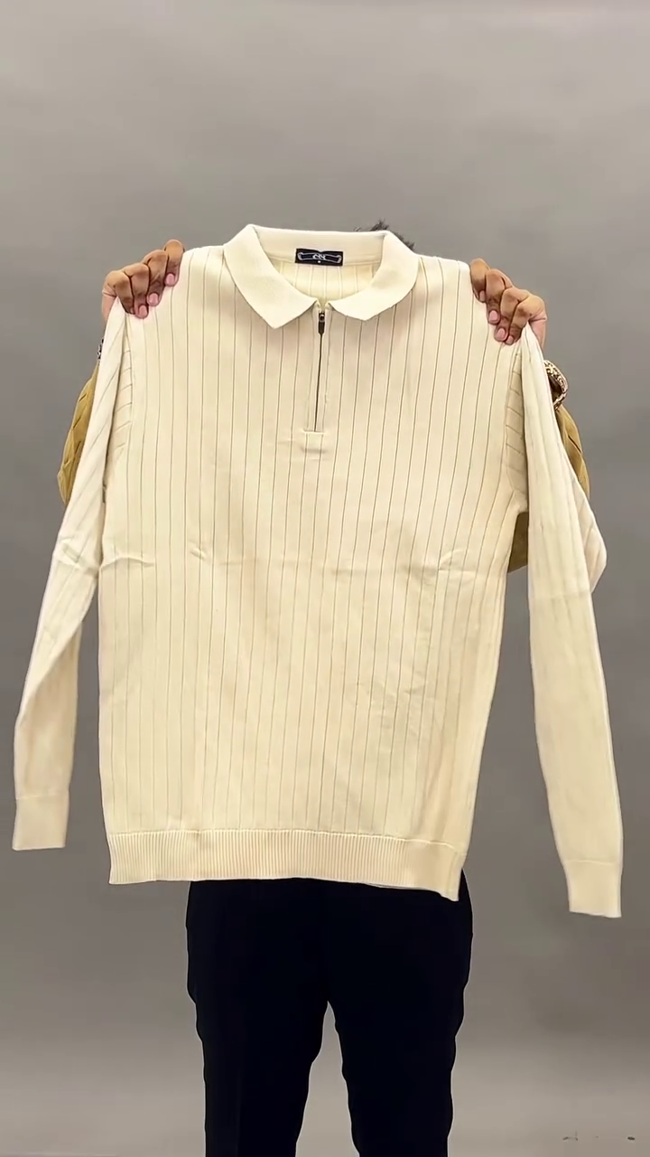 Premium Camel Ribbed Knit Polo Sweater for Men