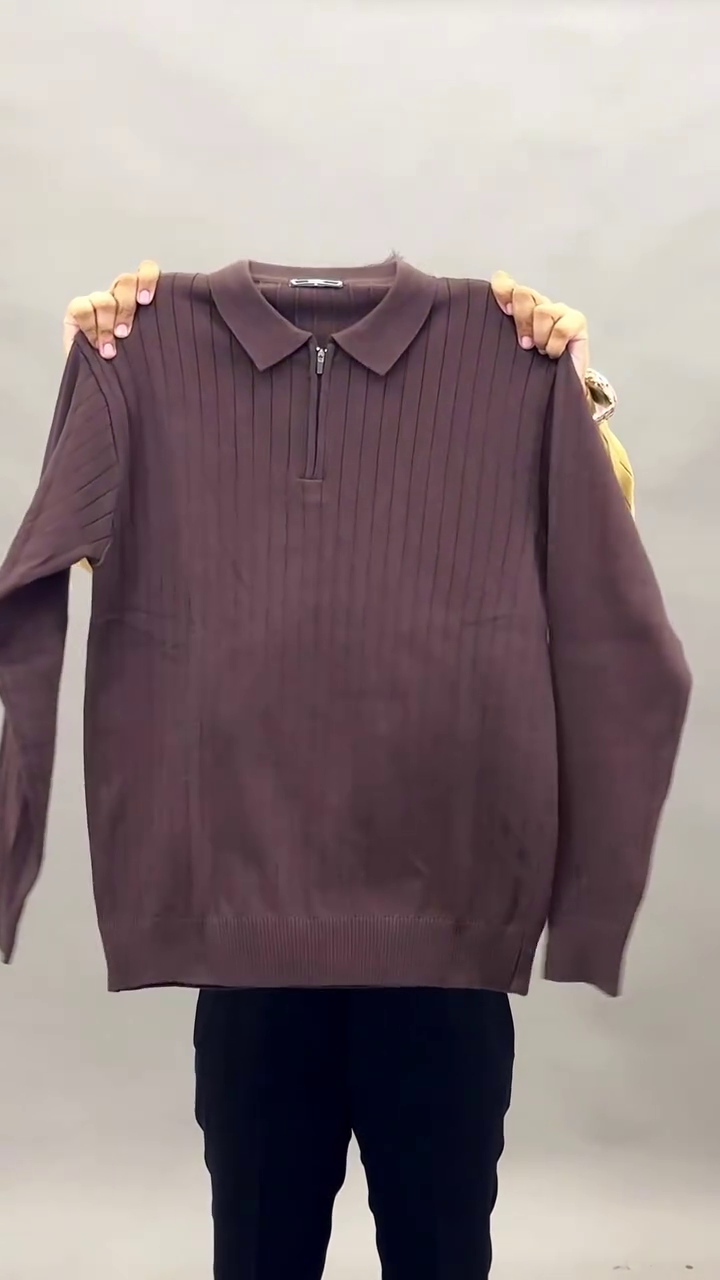 Premium Camel Ribbed Knit Polo Sweater for Men