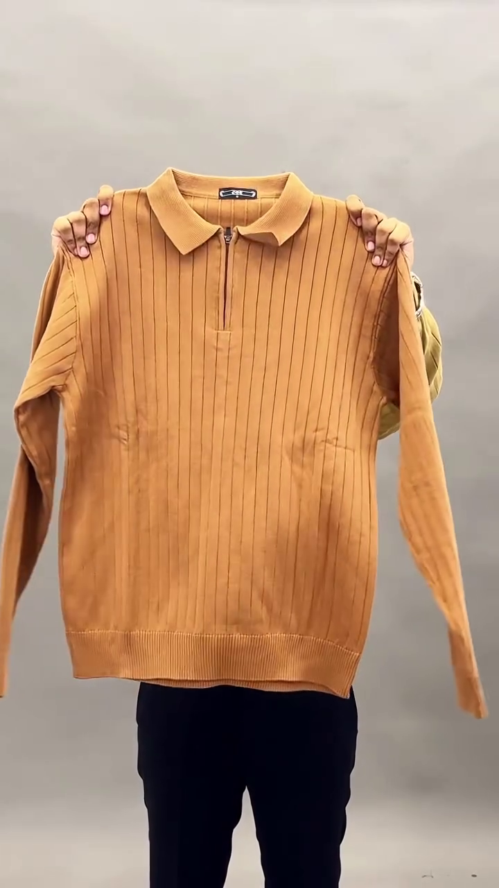 Premium Camel Ribbed Knit Polo Sweater for Men