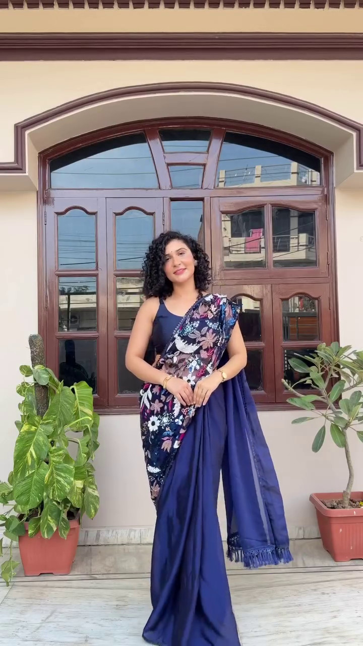 Elegant Brown Floral Lace Saree with Blouse