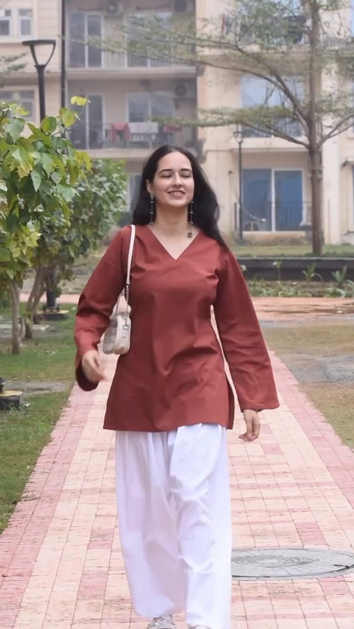 Elegant Rust Brown Kurti with White Wide-Leg Pants