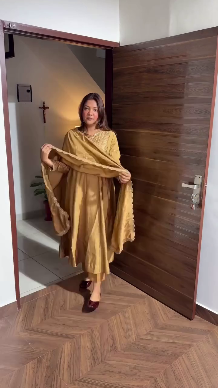 Elegant Beige Embroidered Kurti with Flared Palazzo and Dupatta