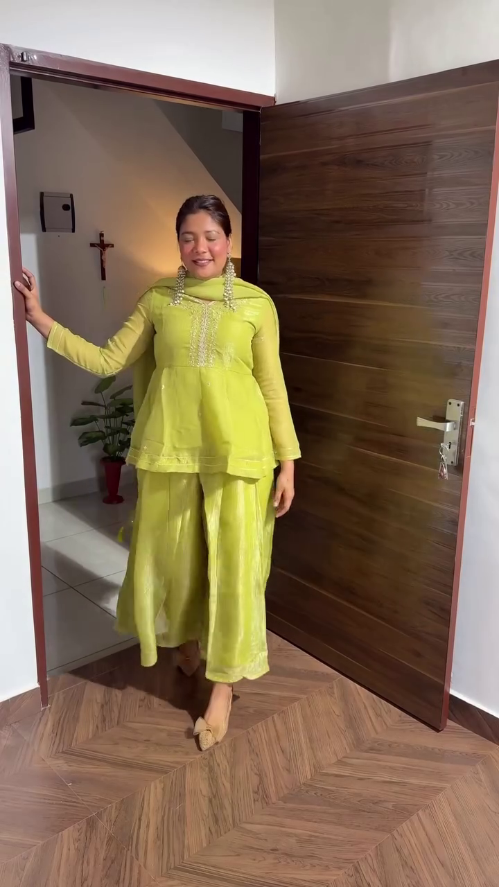 Elegant Beige Embroidered Kurti with Flared Palazzo and Dupatta