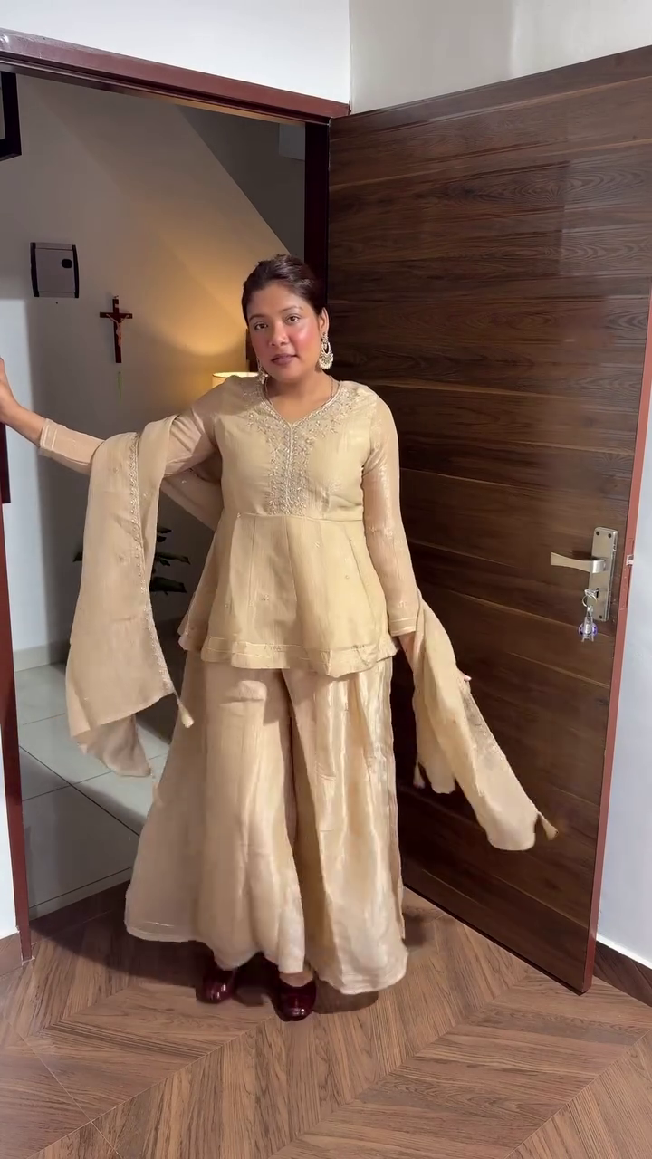 Elegant Beige Embroidered Kurti with Flared Palazzo and Dupatta