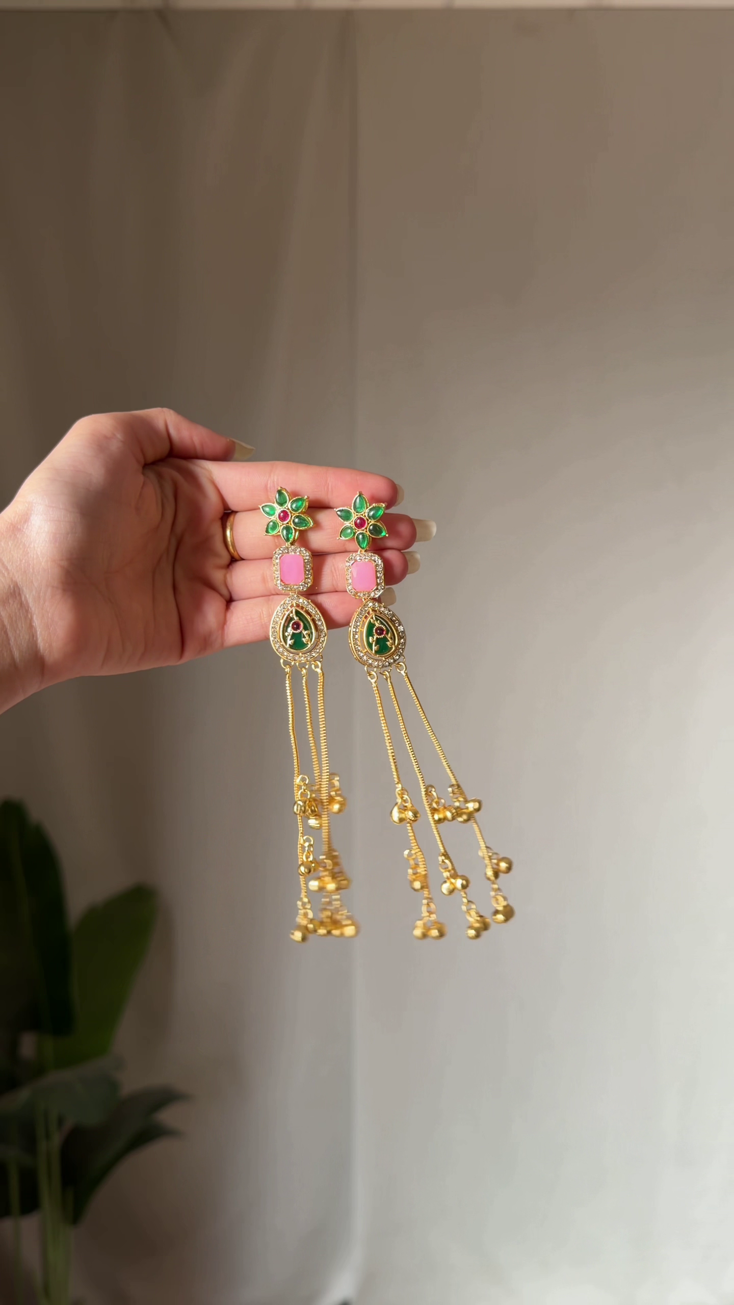 Traditional Gold-Tone Floral Dangle Earrings with Pink and Green Stones