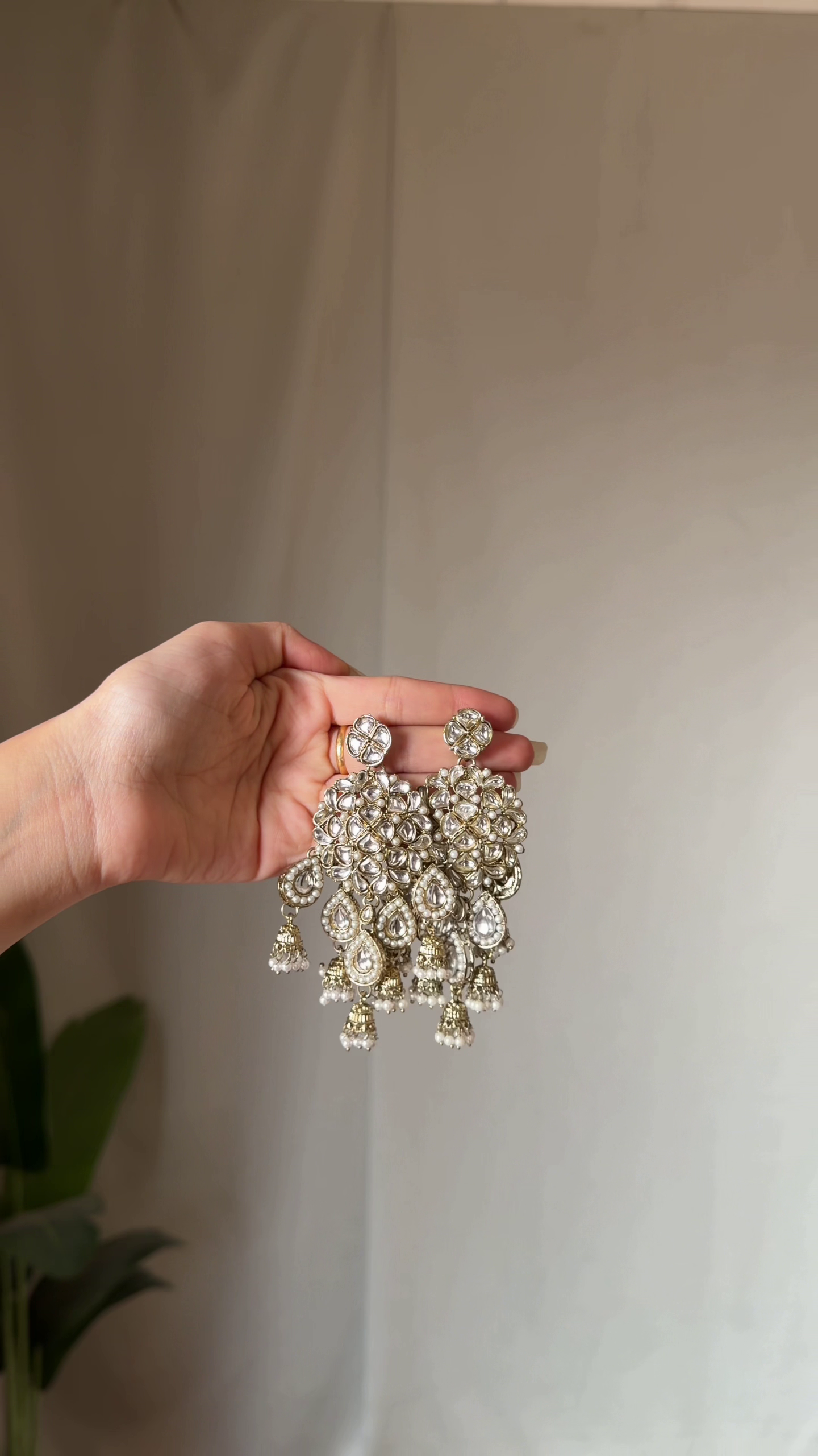 Traditional Gold-Tone Floral Dangle Earrings with Pink and Green Stones
