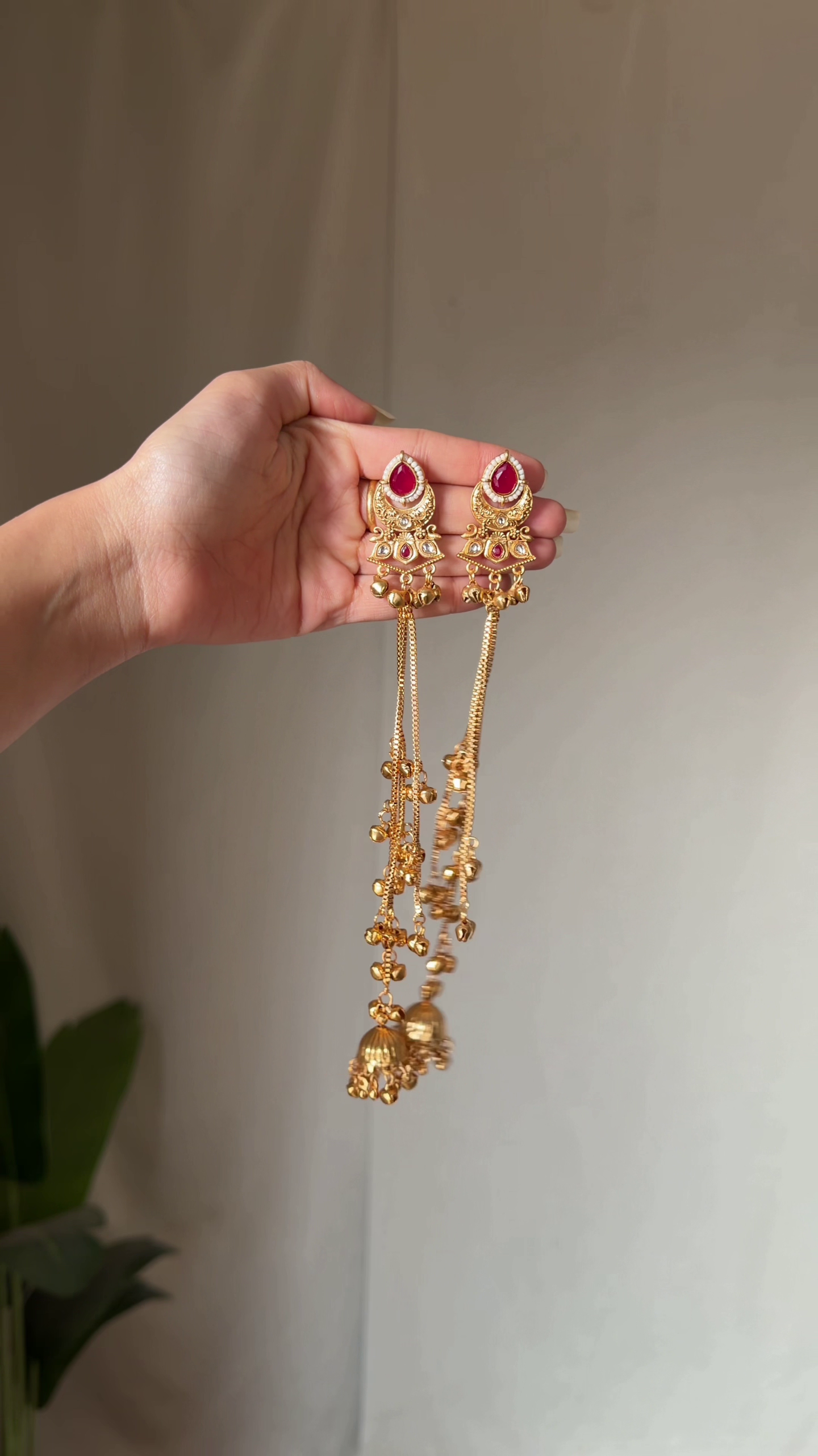 Traditional Gold-Tone Floral Dangle Earrings with Pink and Green Stones