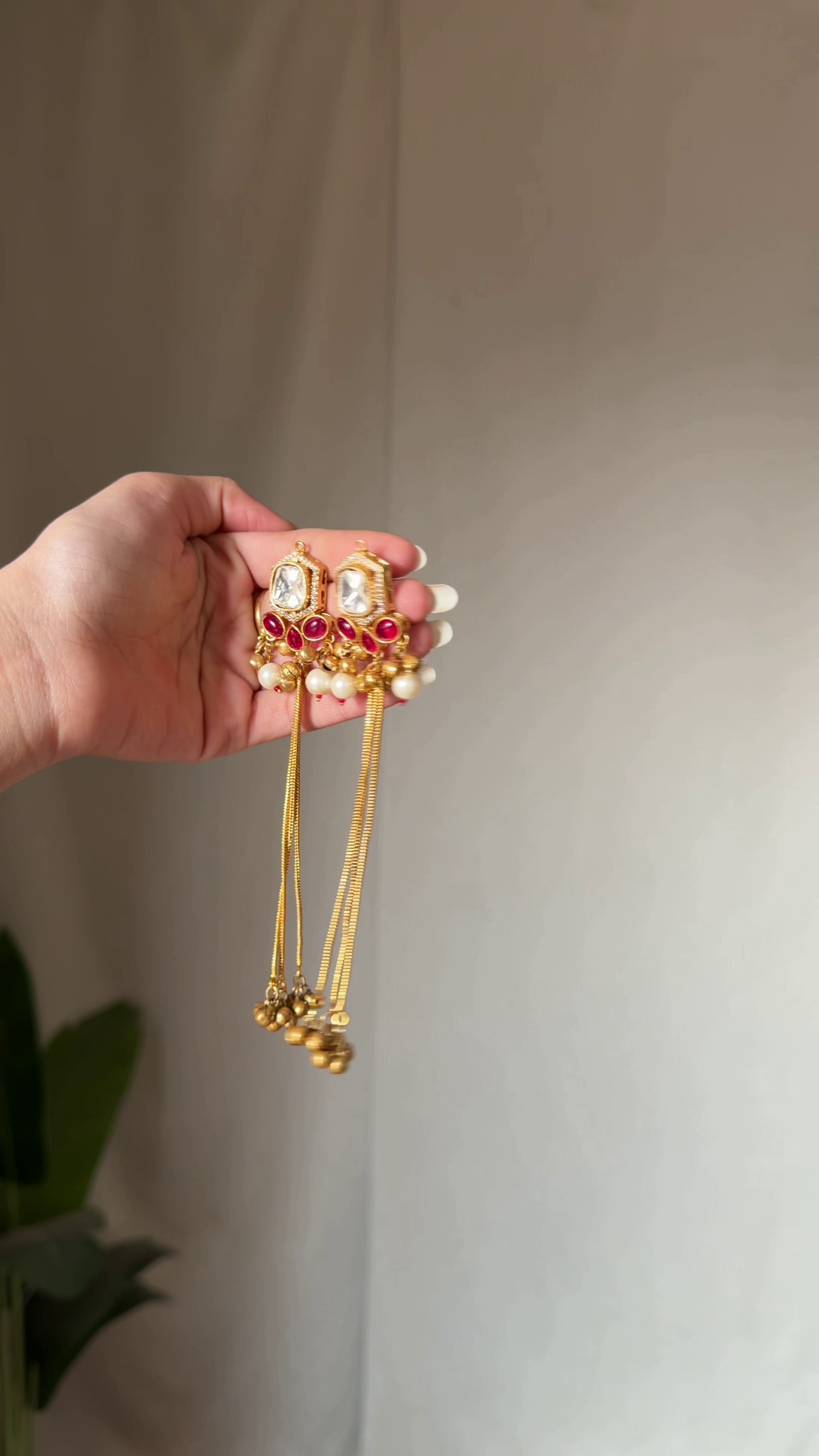 Traditional Gold-Tone Floral Dangle Earrings with Pink and Green Stones