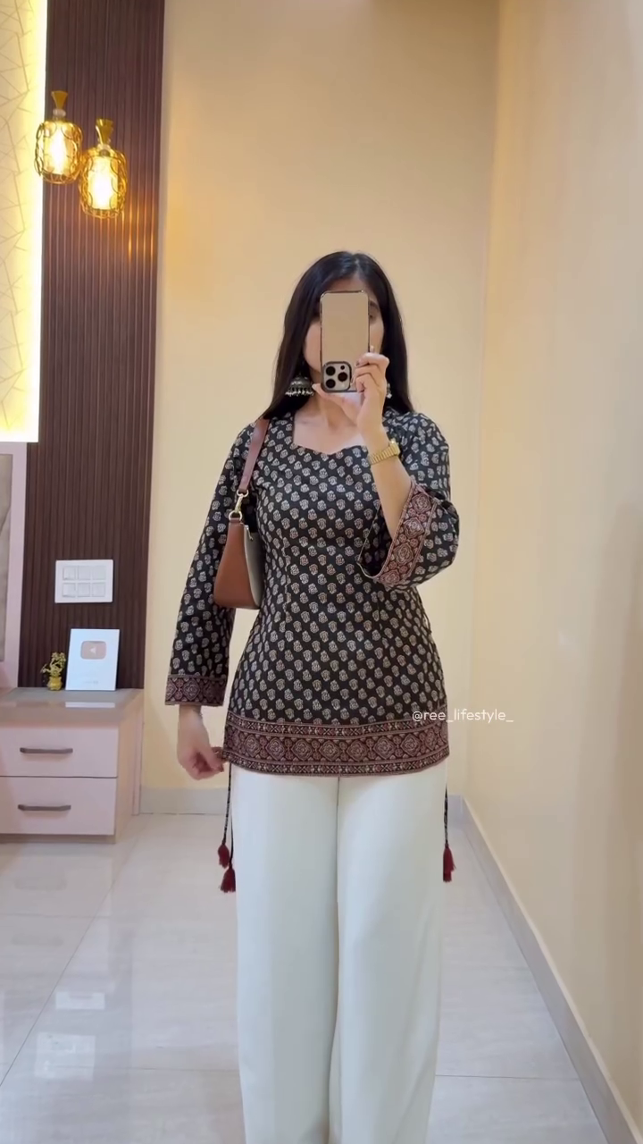Elegant Brown Printed Kurti with Minimalist White Trousers