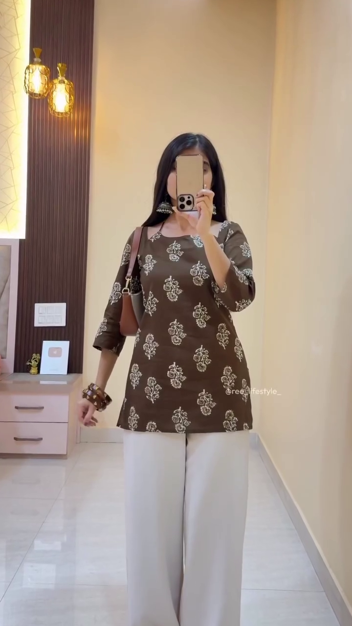 Elegant Brown Printed Kurti with Minimalist White Trousers