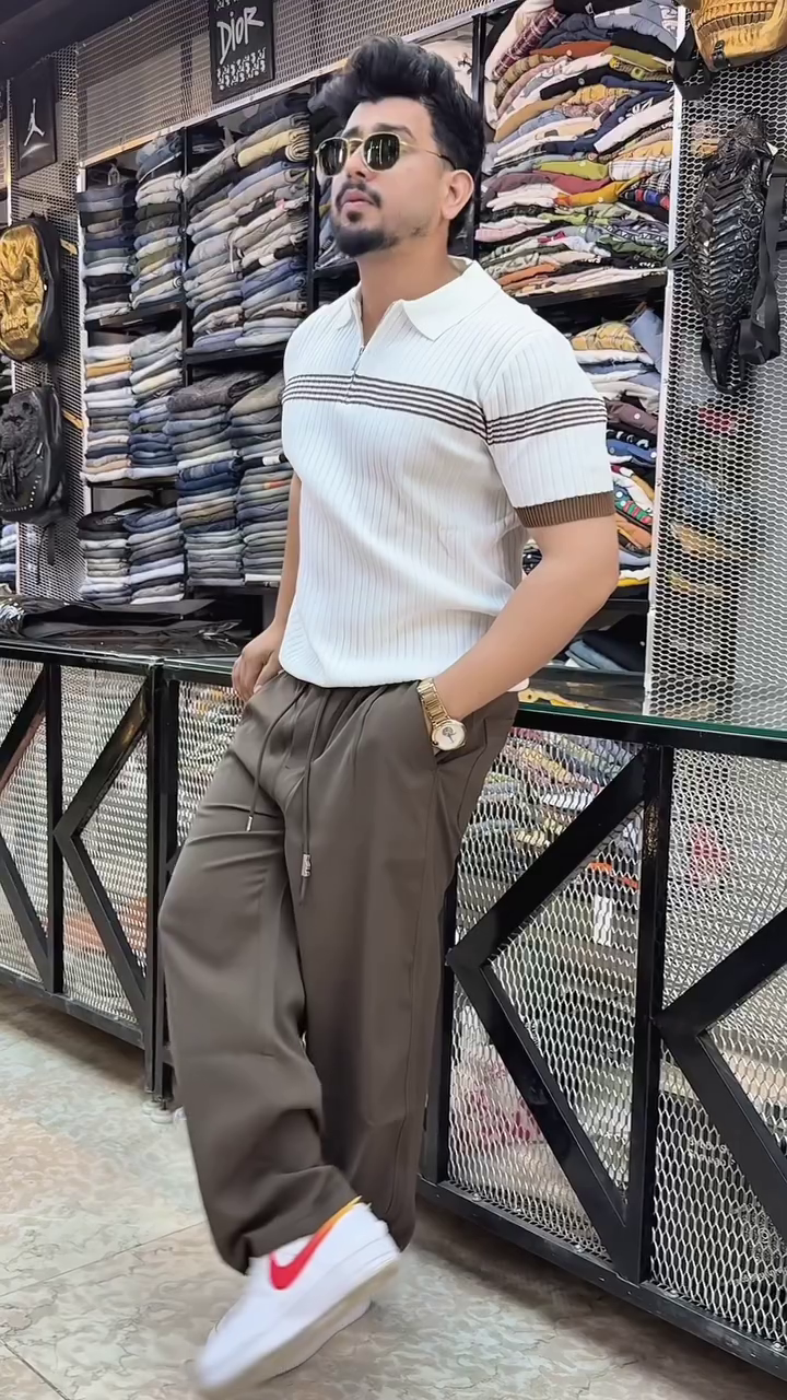 Cream Ribbed Polo T-Shirt (Men)