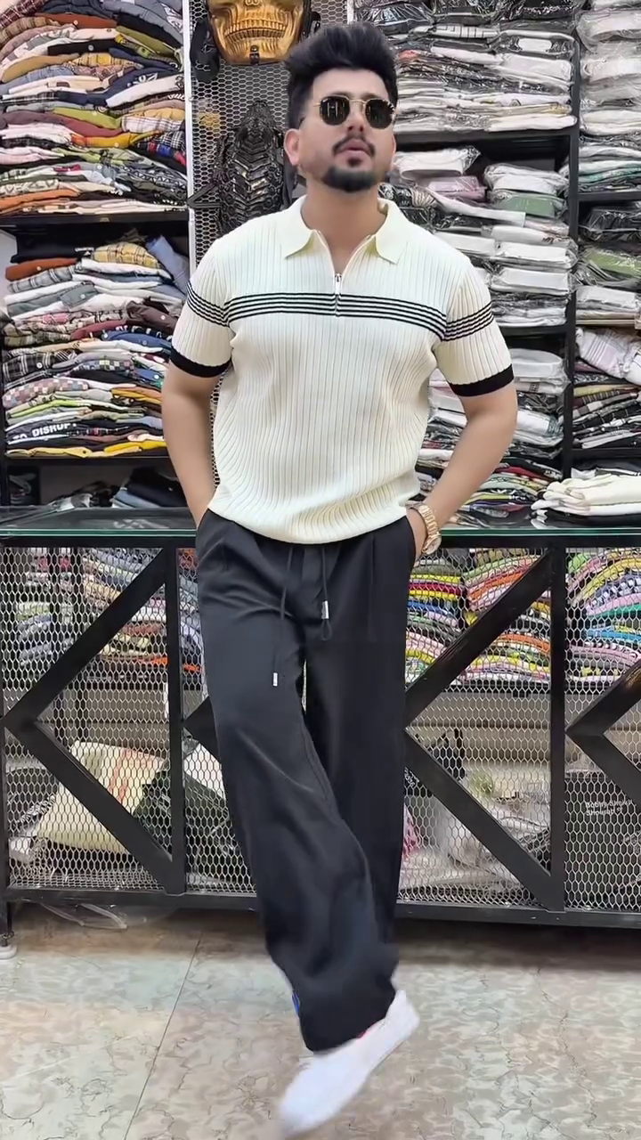 Cream Ribbed Polo T-Shirt (Men)