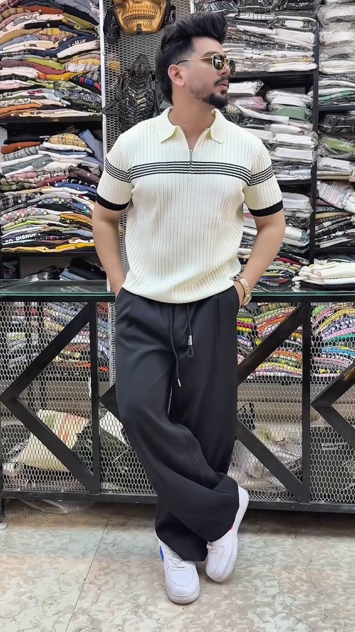 Cream Ribbed Polo T-Shirt (Men)