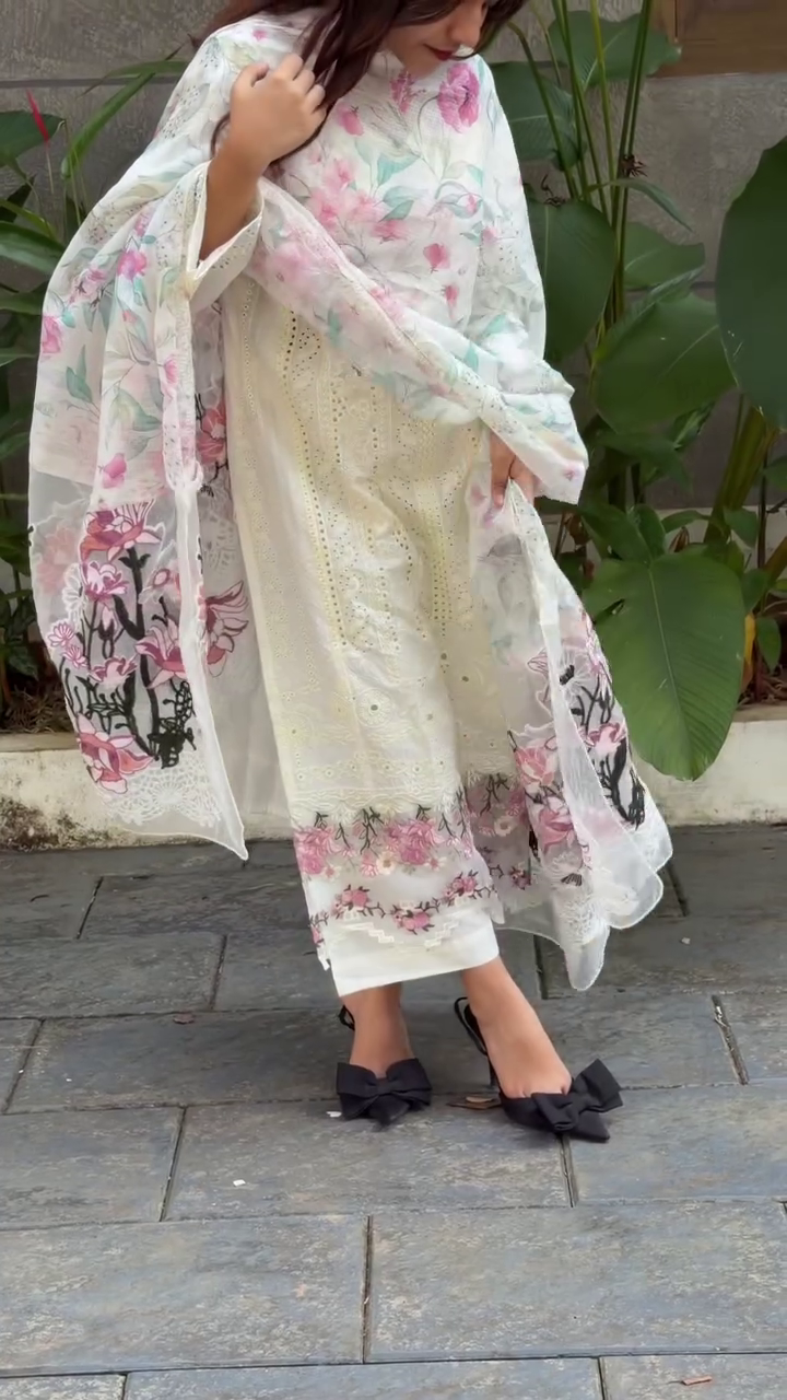 White Floral Embroidered Lawn Suit (Women)