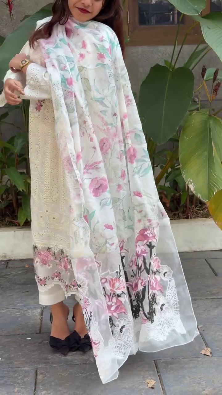 White Floral Embroidered Lawn Suit (Women)