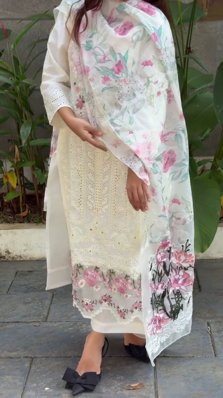 White Floral Embroidered Lawn Suit (Women)