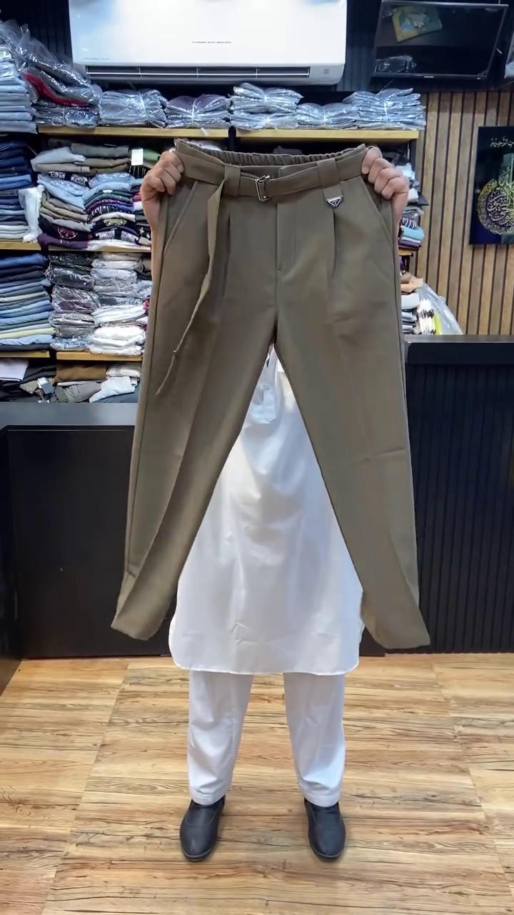 Refined Comfort: Premium Brown Tailored Trousers with Modern Belted Waist