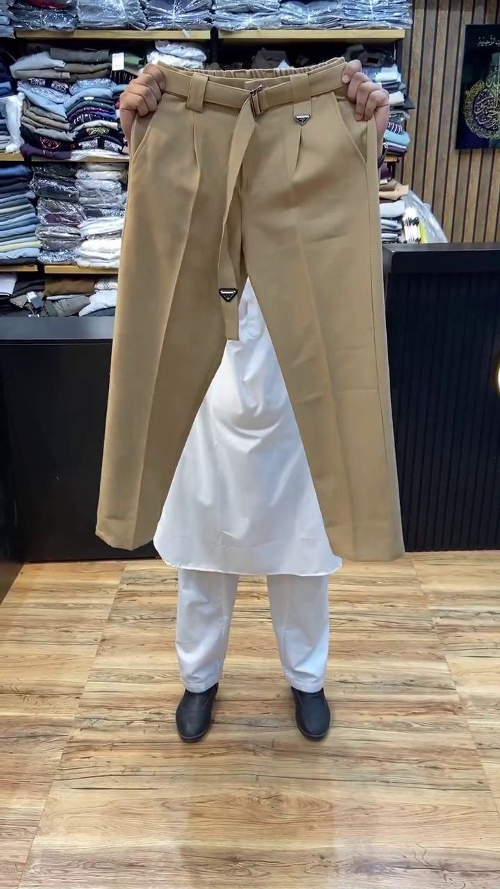 Refined Comfort: Premium Brown Tailored Trousers with Modern Belted Waist