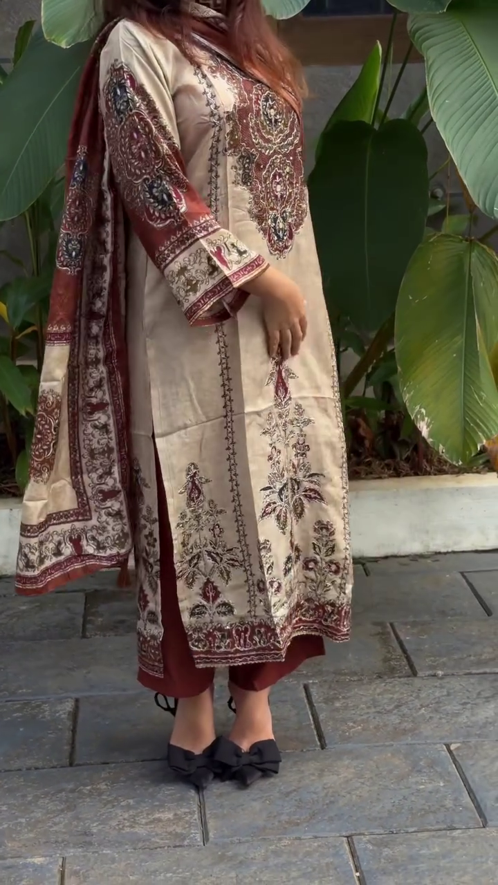 Beige & Maroon Printed Kurta Suit Set