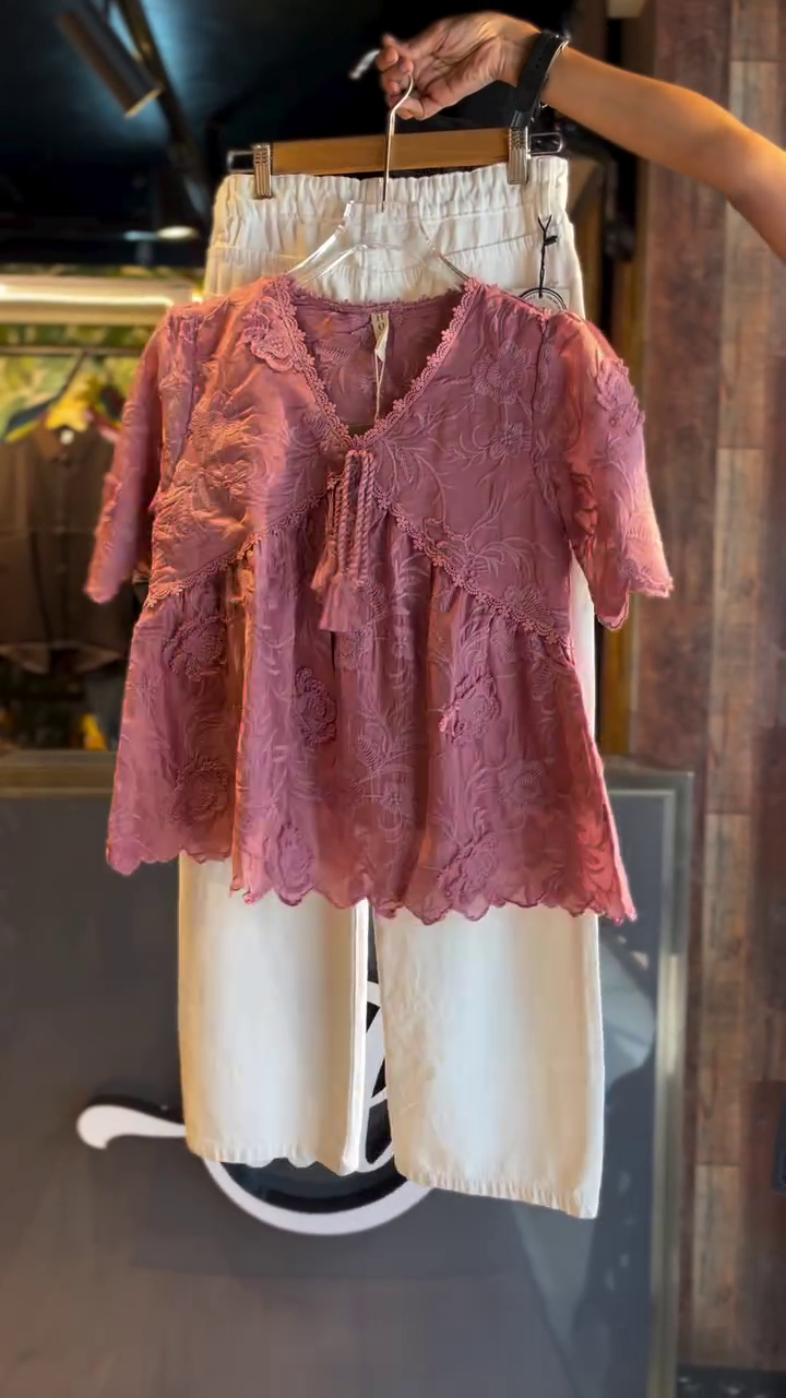 Blush Bloom Lace Top & Ivory Pants Co-Ord Set