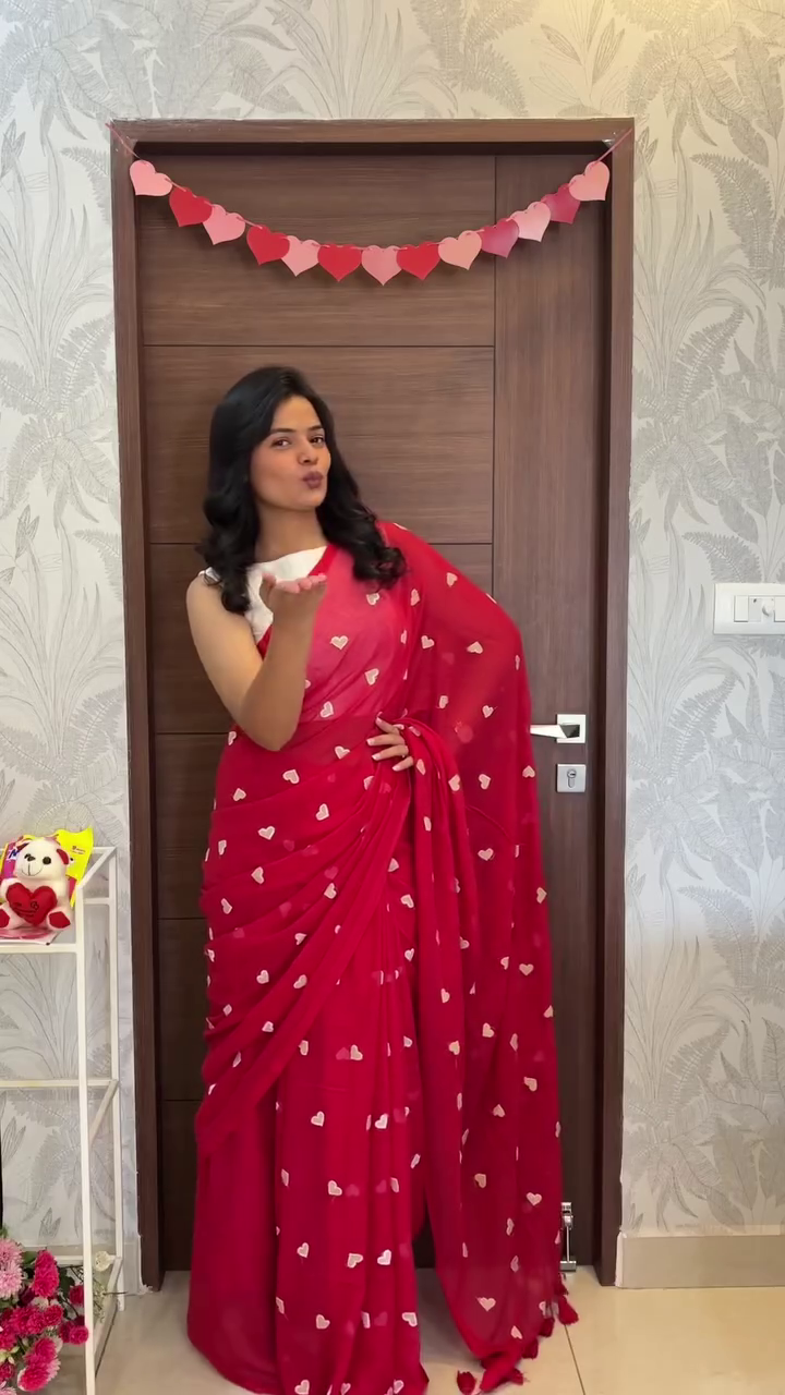 White Heart Print Designer Saree