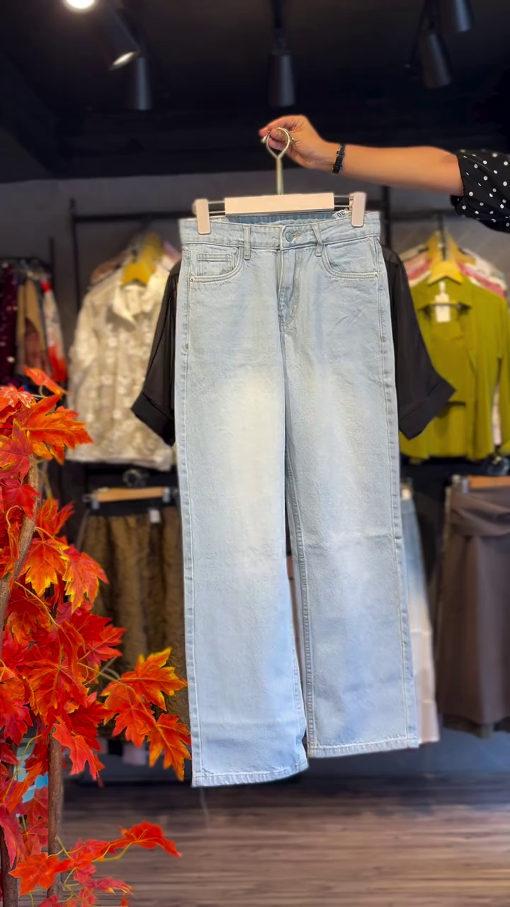 Chic Black Twist Top with Light Blue Denim Skirt Set